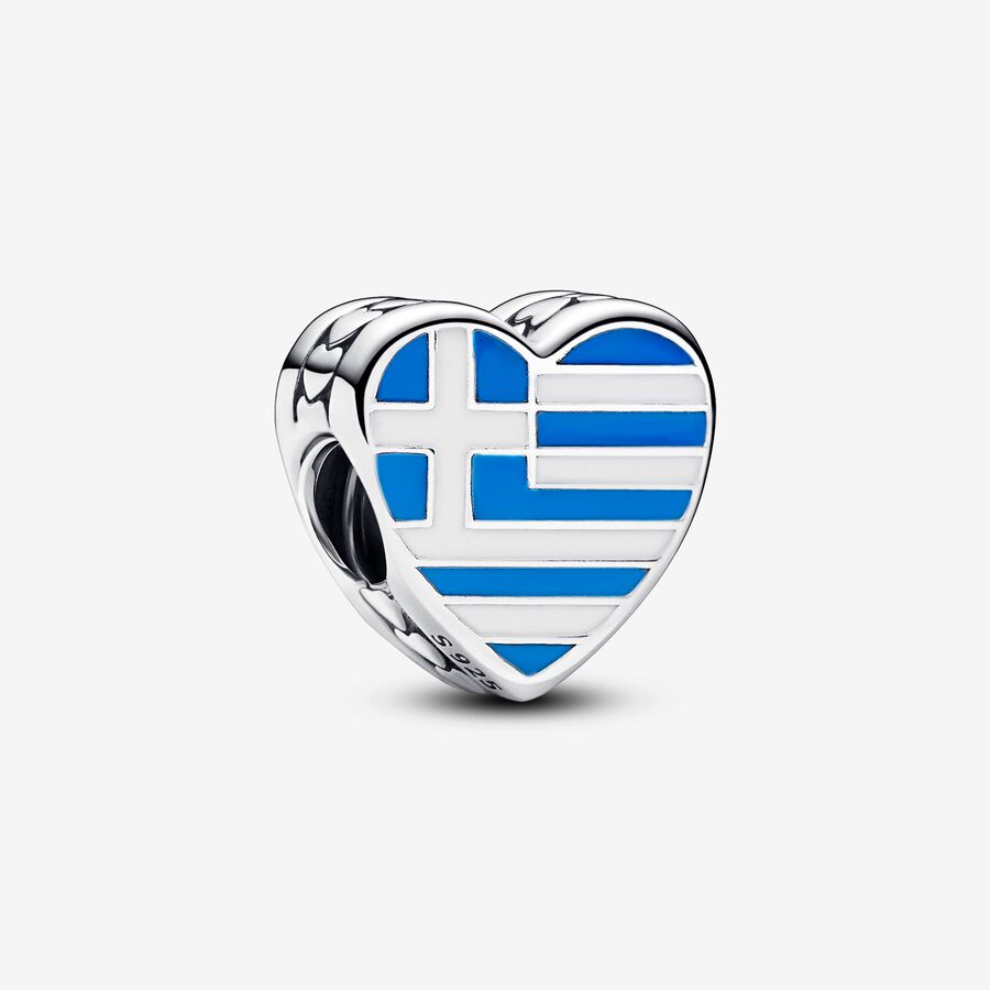 Greek flag heart sterling silver charm with blue, white and black enamel image number 0