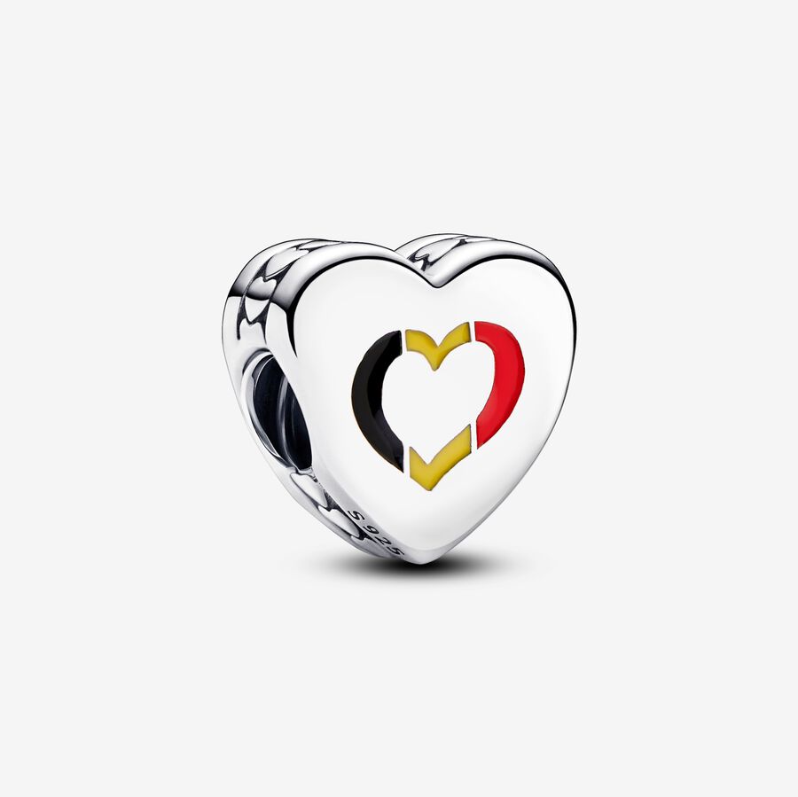 Belgium flag heart sterling silver charm with black, yellow and red enamel image number 0