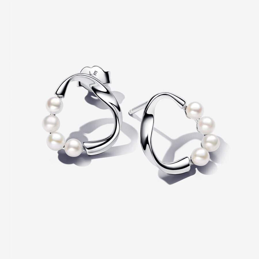 Organically Shaped Circle & Treated Freshwater Cultured Pearls Stud Earrings image number 0