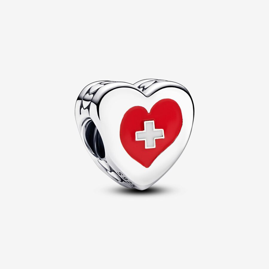 Switzerland flag heart sterling silver charm with red and white enamel image number 0