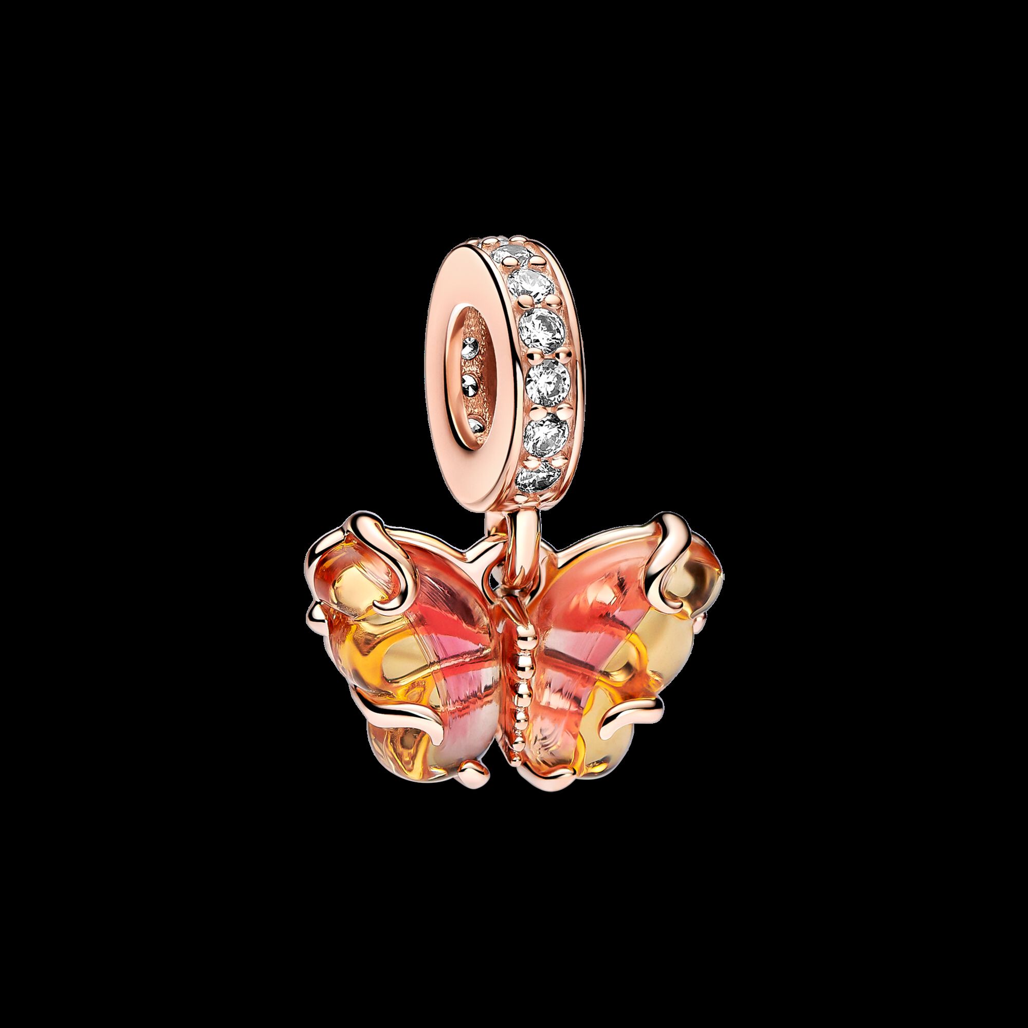 Pink & Yellow Murano Glass Butterfly Dangle Charm | Rose gold 